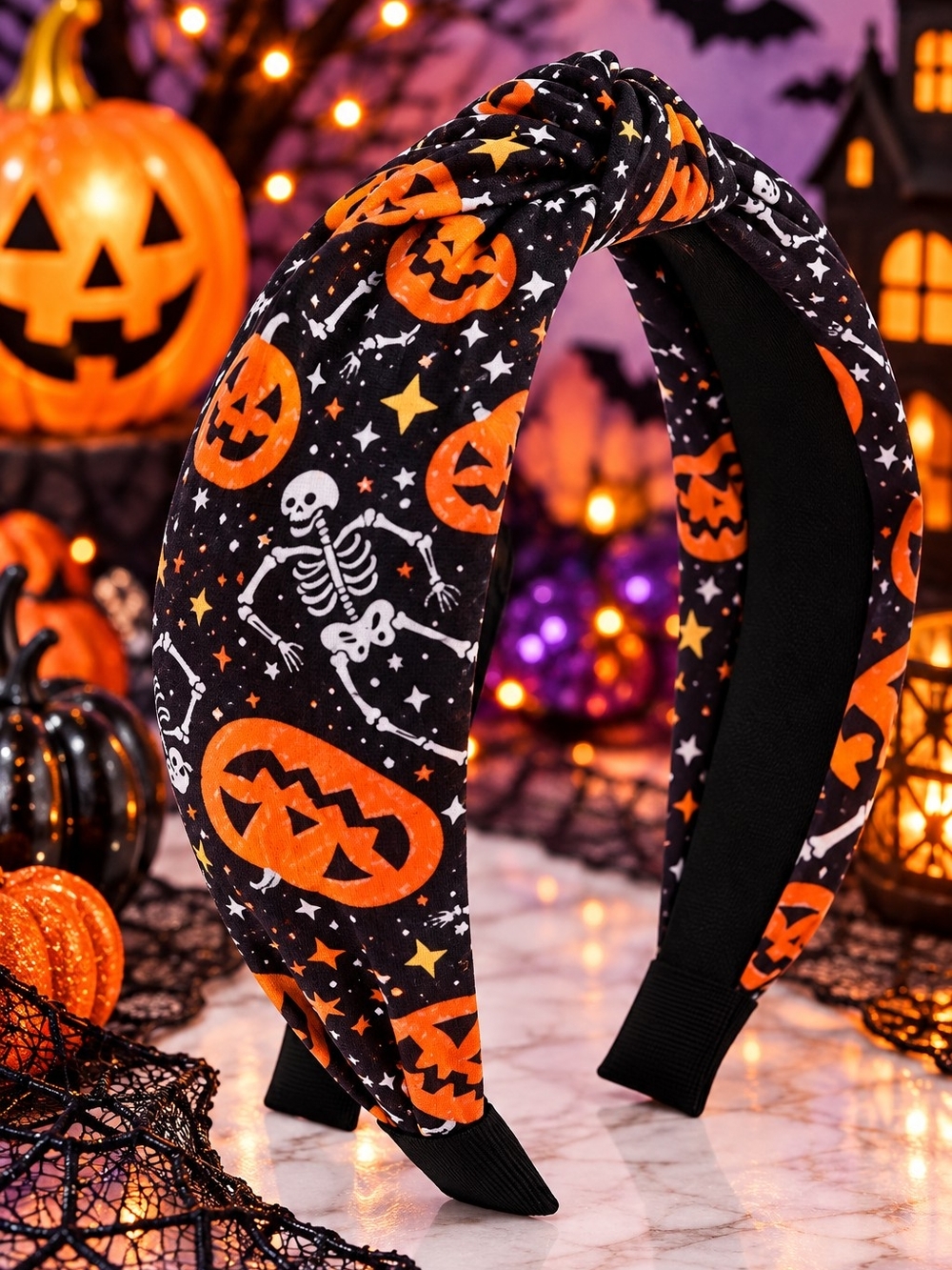 Halloween Black & Orange Pumpkin Skeleton Knot Headband!!